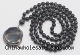 GMN4666 Hand-knotted 8mm, 10mm black banded agate 108 beads mala necklace with pendant