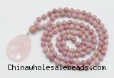 GMN4672 Hand-knotted 8mm, 10mm pink wooden jasper 108 beads mala necklace with pendant