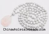 GMN4694 Hand-knotted 8mm, 10mm white howlite 108 beads mala necklace with pendant