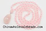 GMN4809 Hand-knotted 8mm, 10mm rose quartz 108 beads mala necklace with pendant