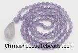 GMN4811 Hand-knotted 8mm, 10mm amethyst 108 beads mala necklace with pendant