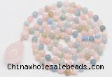 GMN4819 Hand-knotted 8mm, 10mm morganite 108 beads mala necklace with pendant