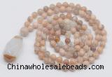 GMN4823 Hand-knotted 8mm, 10mm sunstone 108 beads mala necklace with pendant