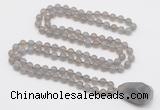 GMN4824 Hand-knotted 8mm, 10mm grey agate 108 beads mala necklace with pendant