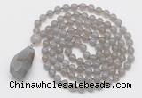GMN4825 Hand-knotted 8mm, 10mm grey agate 108 beads mala necklace with pendant