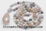 GMN4833 Hand-knotted 8mm, 10mm bamboo leaf agate 108 beads mala necklace with pendant