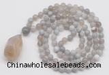 GMN4839 Hand-knotted 8mm, 10mm grey banded agate 108 beads mala necklace with pendant