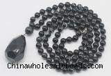 GMN4841 Hand-knotted 8mm, 10mm black banded agate 108 beads mala necklace with pendant
