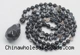 GMN4843 Hand-knotted 8mm, 10mm black banded agate 108 beads mala necklace with pendant