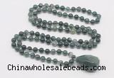 GMN4846 Hand-knotted 8mm, 10mm moss agate 108 beads mala necklace with pendant