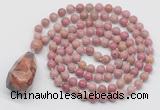 GMN4853 Hand-knotted 8mm, 10mm pink wooden jasper 108 beads mala necklace with pendant