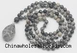 GMN4863 Hand-knotted 8mm, 10mm black water jasper 108 beads mala necklace with pendant