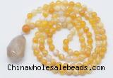 GMN4905 Hand-knotted 8mm, 10mm yellow banded agate 108 beads mala necklace with pendant