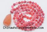 GMN4906 Hand-knotted 8mm, 10mm red banded agate 108 beads mala necklace with pendant