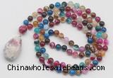 GMN4911 Hand-knotted 8mm, 10mm colorful banded agate 108 beads mala necklace with pendant