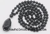 GMN4915 Hand-knotted 8mm, 10mm black agate 108 beads mala necklace with pendant