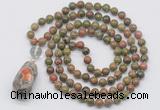 GMN4926 Hand-knotted 8mm, 10mm unakite 108 beads mala necklace with pendant