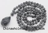 GMN4930 Hand-knotted 8mm, 10mm snowflake obsidian 108 beads mala necklace with pendant