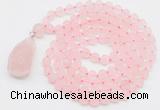 GMN5000 Hand-knotted 8mm, 10mm matte rose quartz 108 beads mala necklace with pendant