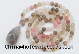 GMN5001 Hand-knotted 8mm, 10mm matte volcano cherry quartz 108 beads mala necklace with pendant