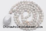 GMN5010 Hand-knotted 8mm, 10mm matte white crazy agate 108 beads mala necklace with pendant