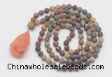 GMN5017 Hand-knotted 8mm, 10mm matte picasso jasper 108 beads mala necklace with pendant