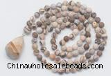 GMN5018 Hand-knotted 8mm, 10mm matte zebra jasper 108 beads mala necklace with pendant