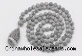 GMN5020 Hand-knotted 8mm, 10mm matte grey picture jasper 108 beads mala necklace with pendant