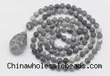 GMN5021 Hand-knotted 8mm, 10mm matte black water jasper 108 beads mala necklace with pendant