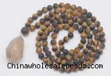 GMN5030 Hand-knotted 8mm, 10mm matte yellow tiger eye 108 beads mala necklace with pendant