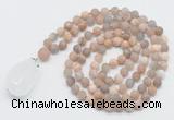 GMN5031 Hand-knotted 8mm, 10mm matte sunstone 108 beads mala necklace with pendant