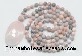 GMN5058 Hand-knotted 8mm, 10mm pink zebra jasper 108 beads mala necklace with pendant