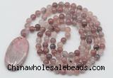 GMN5060 Hand-knotted 8mm, 10mm purple strawberry quartz 108 beads mala necklace with pendant