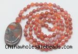 GMN5063 Hand-knotted 8mm, 10mm fire agate 108 beads mala necklace with pendant