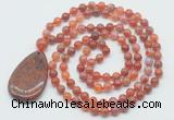 GMN5093 Hand-knotted 8mm, 10mm fire agate 108 beads mala necklace with pendant