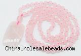 GMN5110 Hand-knotted 8mm, 10mm matte rose quartz 108 beads mala necklace with pendant