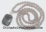 GMN5117 Hand-knotted 8mm, 10mm matte grey agate 108 beads mala necklace with pendant