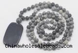 GMN5125 Hand-knotted 8mm, 10mm matte black water jasper 108 beads mala necklace with pendant