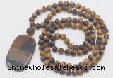 GMN5132 Hand-knotted 8mm, 10mm matte yellow tiger eye 108 beads mala necklace with pendant