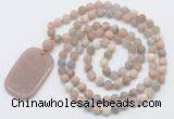 GMN5133 Hand-knotted 8mm, 10mm matte sunstone 108 beads mala necklace with pendant