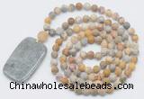 GMN5136 Hand-knotted 8mm, 10mm matte yellow crazy agate 108 beads mala necklace with pendant