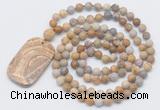 GMN5137 Hand-knotted 8mm, 10mm matte fossil coral 108 beads mala necklace with pendant