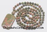 GMN5140 Hand-knotted 8mm, 10mm matte unakite 108 beads mala necklace with pendant