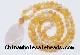 GMN5150 Hand-knotted 8mm, 10mm yellow banded agate 108 beads mala necklace with pendant