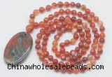 GMN5152 Hand-knotted 8mm, 10mm red banded agate 108 beads mala necklace with pendant