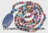 GMN5156 Hand-knotted 8mm, 10mm colorful banded agate 108 beads mala necklace with pendant