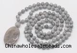 GMN5166 Hand-knotted 8mm, 10mm grey picture jasper 108 beads mala necklace with pendant