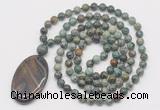 GMN5173 Hand-knotted 8mm, 10mm African turquoise 108 beads mala necklace with pendant