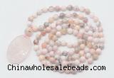 GMN5186 Hand-knotted 8mm, 10mm natural pink opal 108 beads mala necklace with pendant