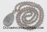 GMN5205 Hand-knotted 8mm, 10mm grey agate 108 beads mala necklace with pendant